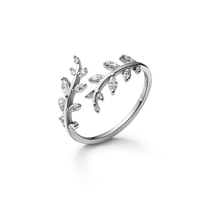 925 Sterling Silver Crystal Leaf Ring | Adjustable